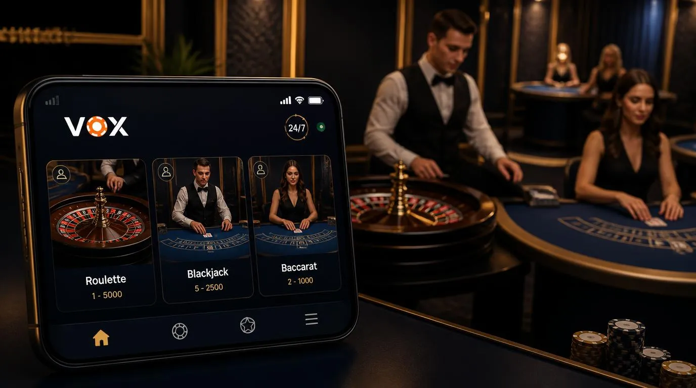 Live-Casino-Lobby auf einem Smartphone mit Roulette- und Blackjack-Tischen bei stabiler Videoübertragung