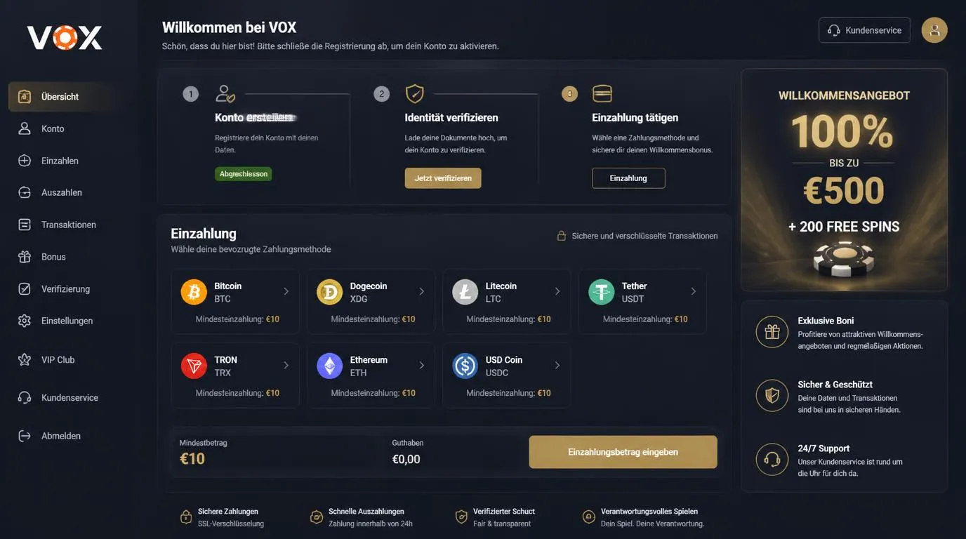 Casino-Konto mit KYC-Schritt, Kasse und Auswahl gängiger Kryptowährungen für die erste Einzahlung