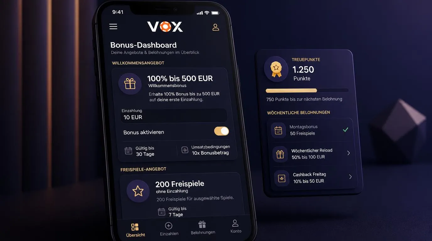 Casino-Bonusbereich mit Willkommensangebot, Einzahlung und Freispielen auf einem Smartphone