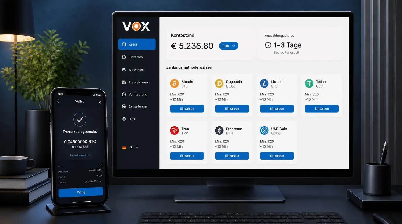 Kassenbereich eines Online-Casinos mit Euro-Konto, Krypto-Wallets und Auszahlungsstatus