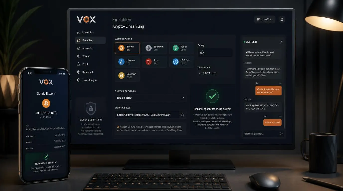 Krypto-Wallet mit BTC, ETH und USDT sowie geprüfter Einzahlungsadresse auf einem Bildschirm