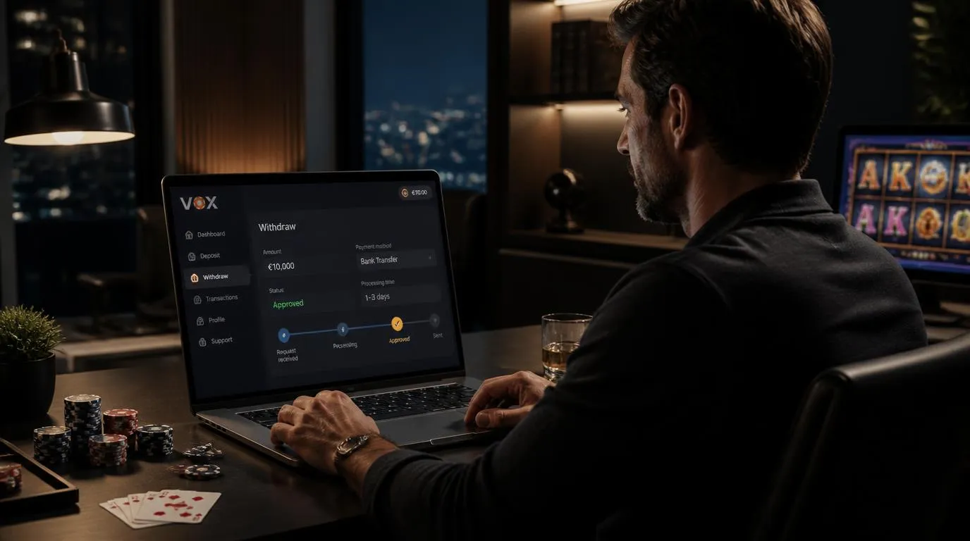 Casino-Spieler betrachtet eine klare Auszahlungübersicht auf einem Laptop neben Spielkarten und Chips