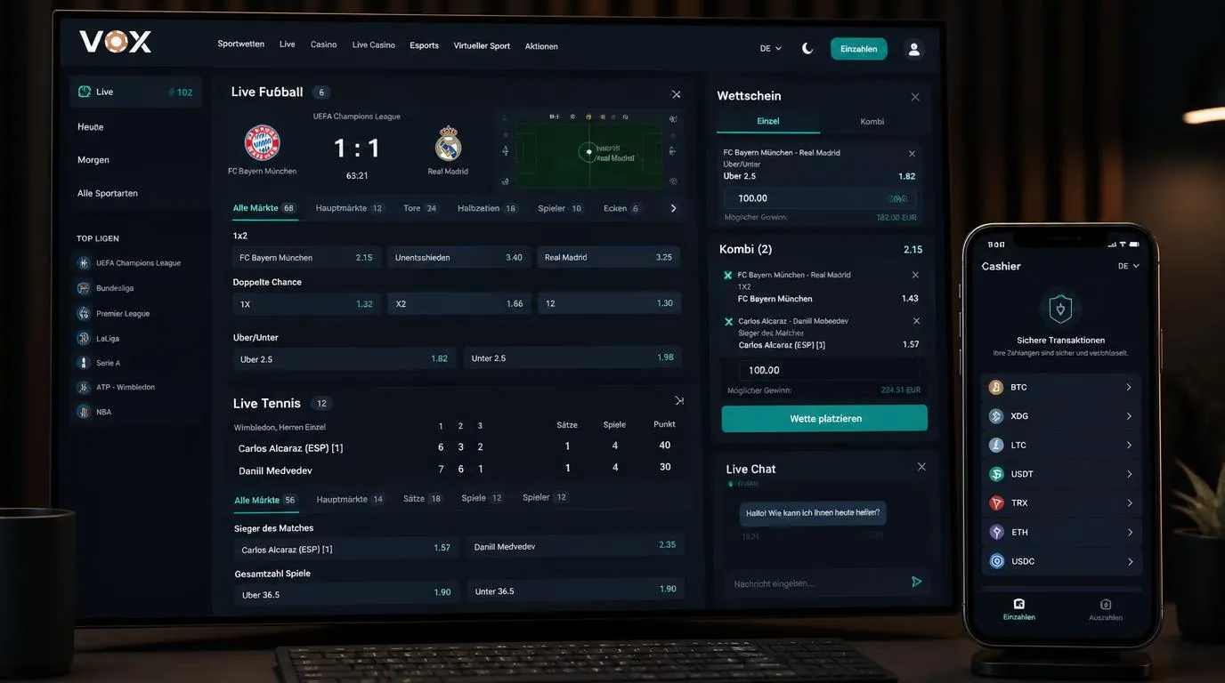 Sportwetten-Oberfläche mit Live-Quoten, Wettzettel und Kryptowährungen als Zahlungsoptionen