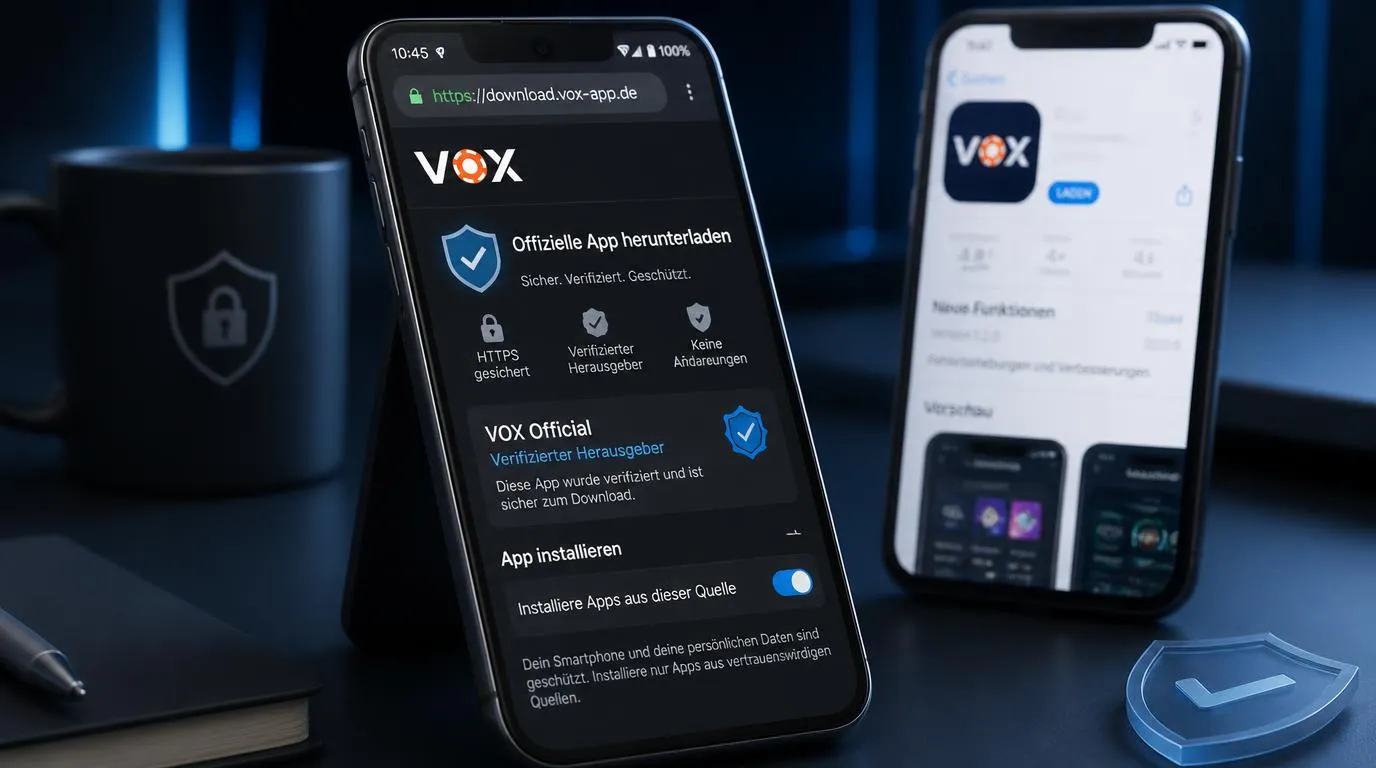 Android-Smartphone mit geprüfter Downloadseite, Schloss-Symbol und kontrollierten Installationsrechten