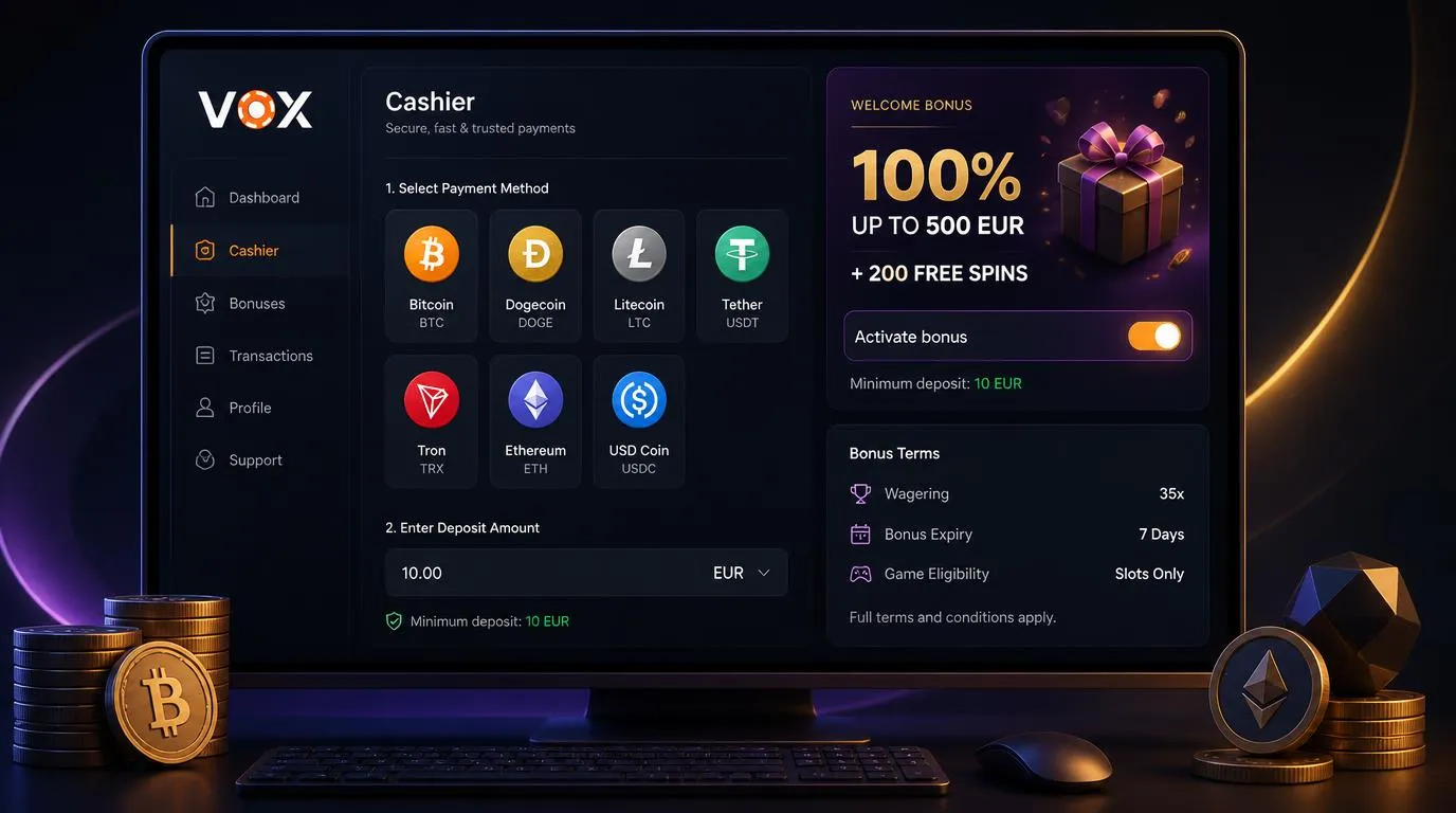 Kassenansicht mit Kryptowährungen, Bonusaktivierung und Willkommensangebot im Online-Casino