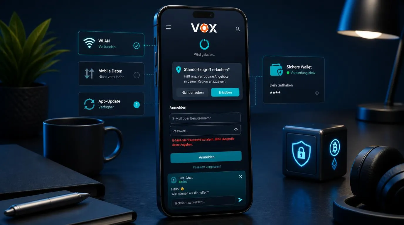 Smartphone mit Casino-App, Ladeanzeige, Standortfreigabe und aktivem Live-Chat auf dem Display